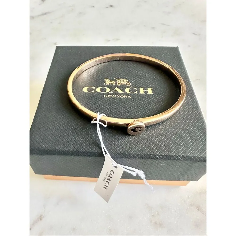Coach Signature Hinged Bangle Bracelet Gold Black C Logo NWT - Picture 3 of 8